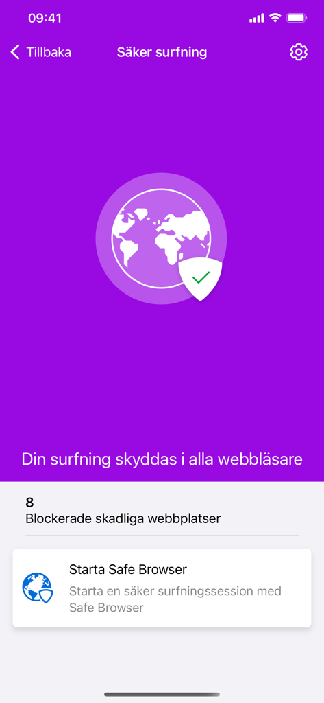 Telia Trygg - Telia Trygg app interface showing safe browsing status and blocked harmful websites