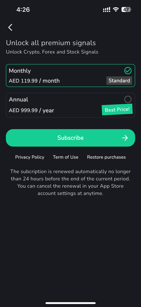 Premium-Abonnementseite für FxFox-Handelssignale mit monatlichen und jährlichen Optionen
