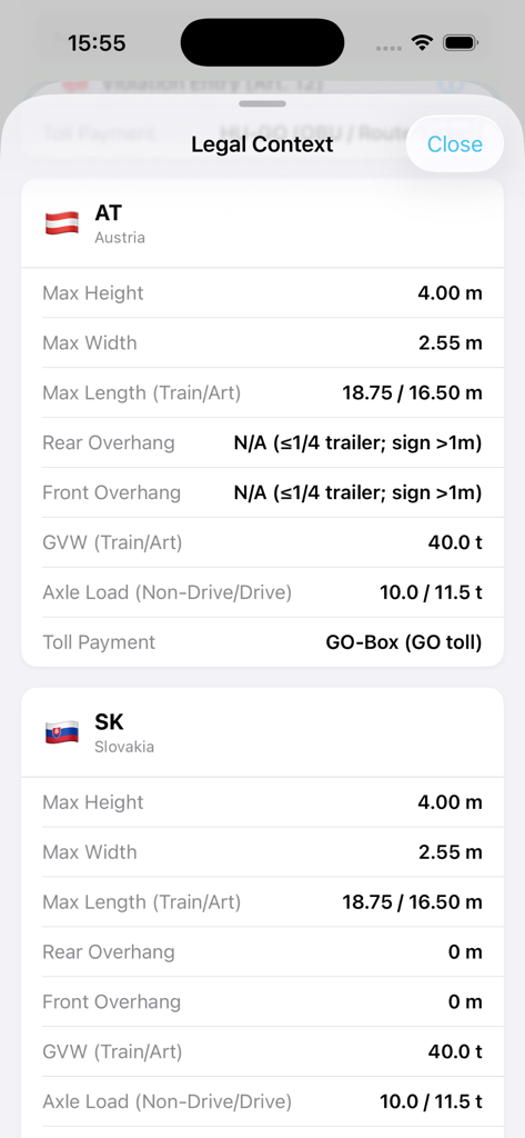 iDrive Truck - Legal truck regulations for Austria and Slovakia in the iDrive Truck app