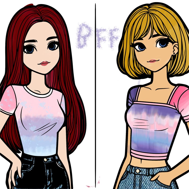 two realistic teen girls one taller with long hair and the other shorter with short hair