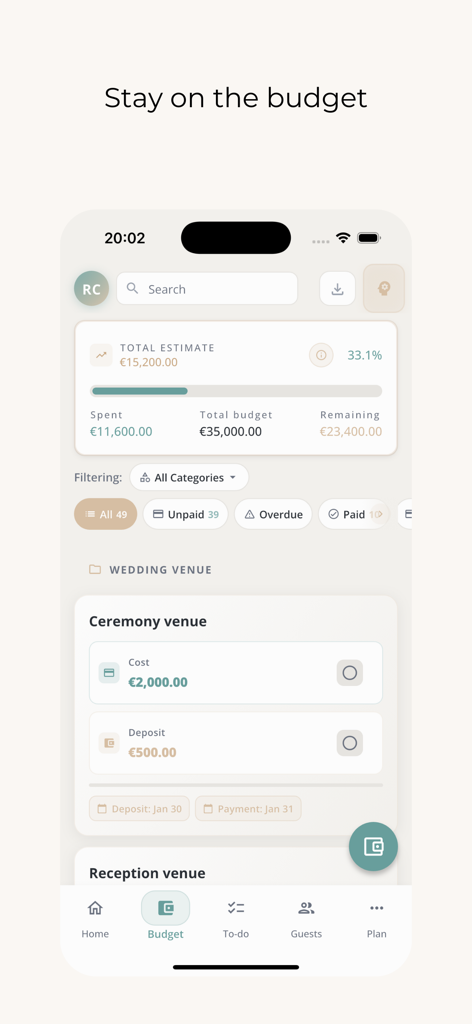 Wedding planner app budget tracker interface showing expenses and totals