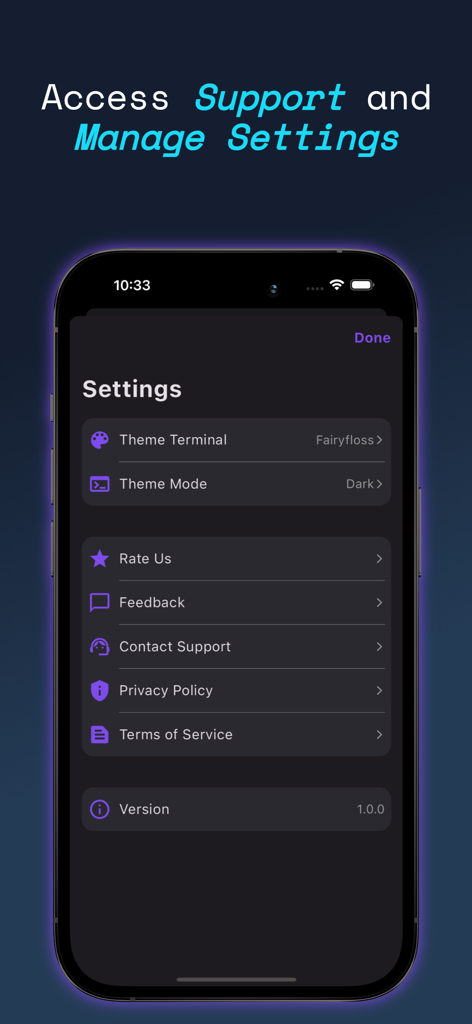 Termux - Settings menu of the Termux iOS app showing terminal theme customization and support options.