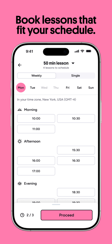 Preply - Language Learning App - 終日特定の時間帯を選択して言語レッスンを予約するオプションが表示されたPreplyアプリのインターフェース。