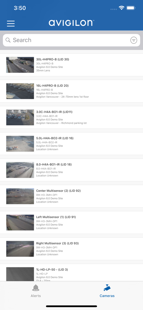 ACC Mobile 3 - Interface of the ACC Mobile 3 app showing a list of connected security cameras from multiple sites