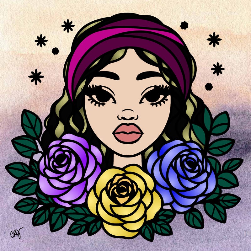 black woman portrait surrounded by roses