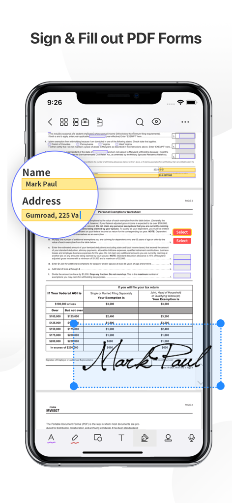 PDF Reader Pro – Lite Edition - iPhone showing PDF Reader Pro app with a signed and filled out digital tax form