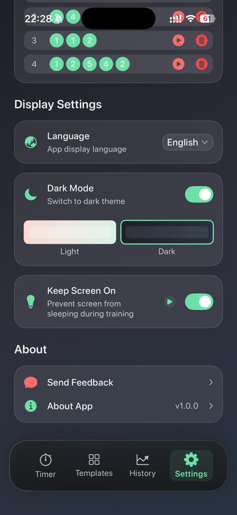 The settings interface of the FlashRound boxing timer app featuring dark mode and display options.