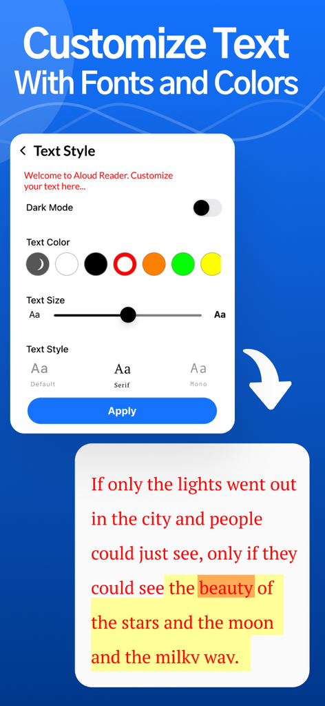 Read Aloud TTS: Text to Speech - Interface showing font style text color and size customization settings in the Read Aloud TTS app