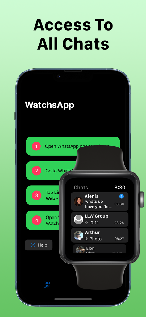 WatchsApp interface showing a list of WhatsApp chats on an Apple Watch screen