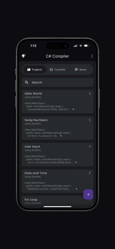 C# Compiler - The C-Sharp Compiler mobile app interface showing a list of programming projects and code snippets