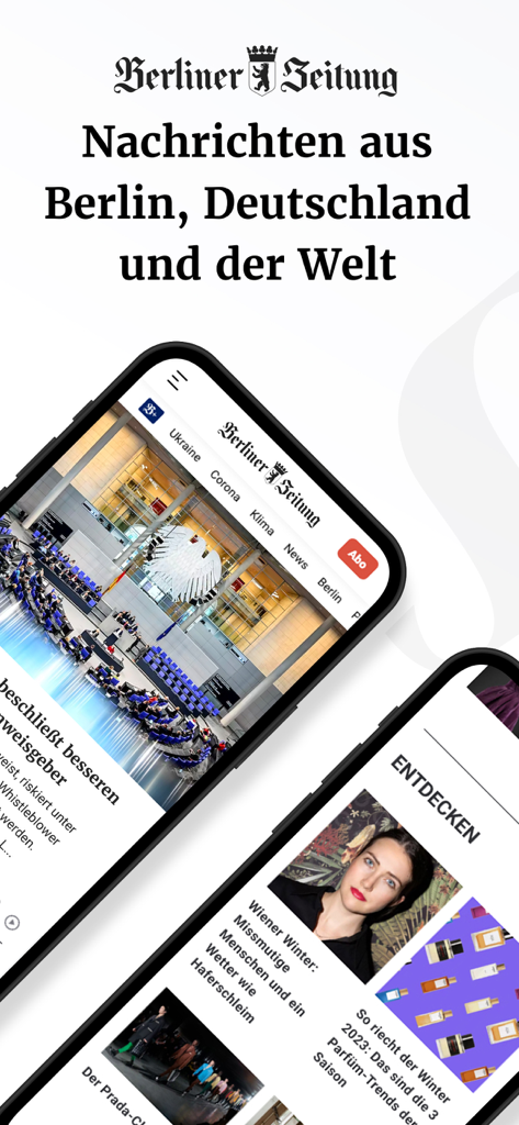 Berliner Zeitung - ベルリンと世界のヘッドラインを表示するスマートフォン上のBerliner Zeitungニュースアプリインターフェース。