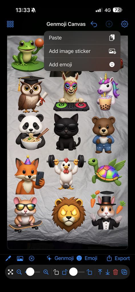 Interface of Genmoji Studio Canvas showing a menu to add stickers and emojis over a collection of custom animal characters