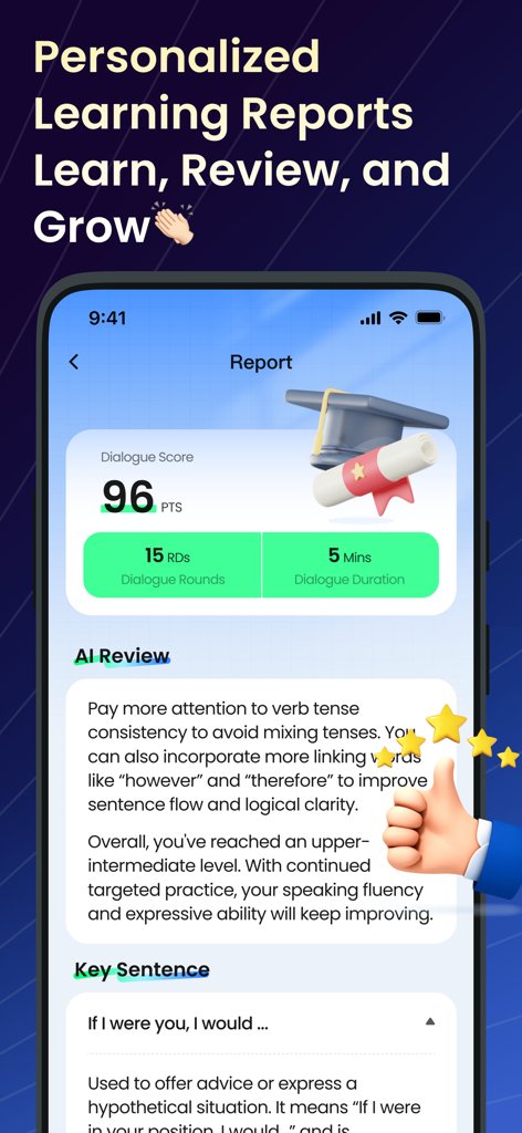 TalkFlow:Speak English Better - Interface de l'application TalkFlow affichant un rapport d'apprentissage personnalisé avec feedback IA et score de dialogue.