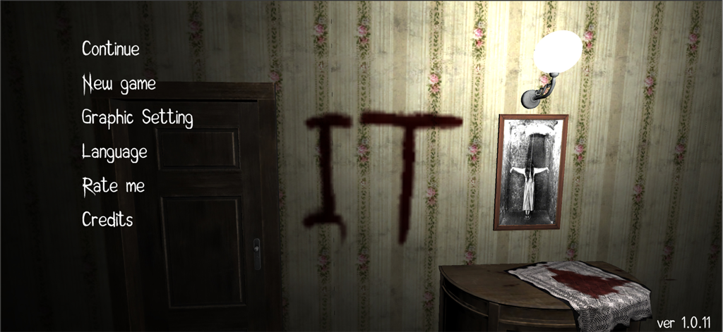 Main menu screen of Horror Clown Scary Escape Game with the word IT written on a creepy wallpapered wall.