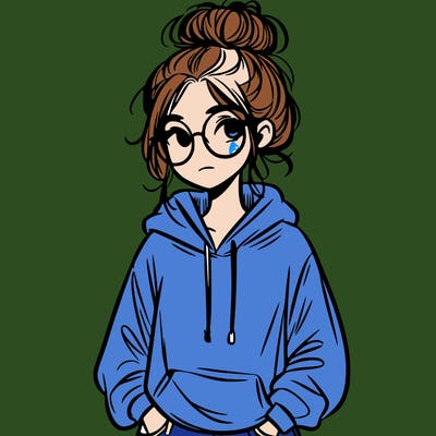 teen girl with a messy bun and glasses wearing a loose hoodie and jeans