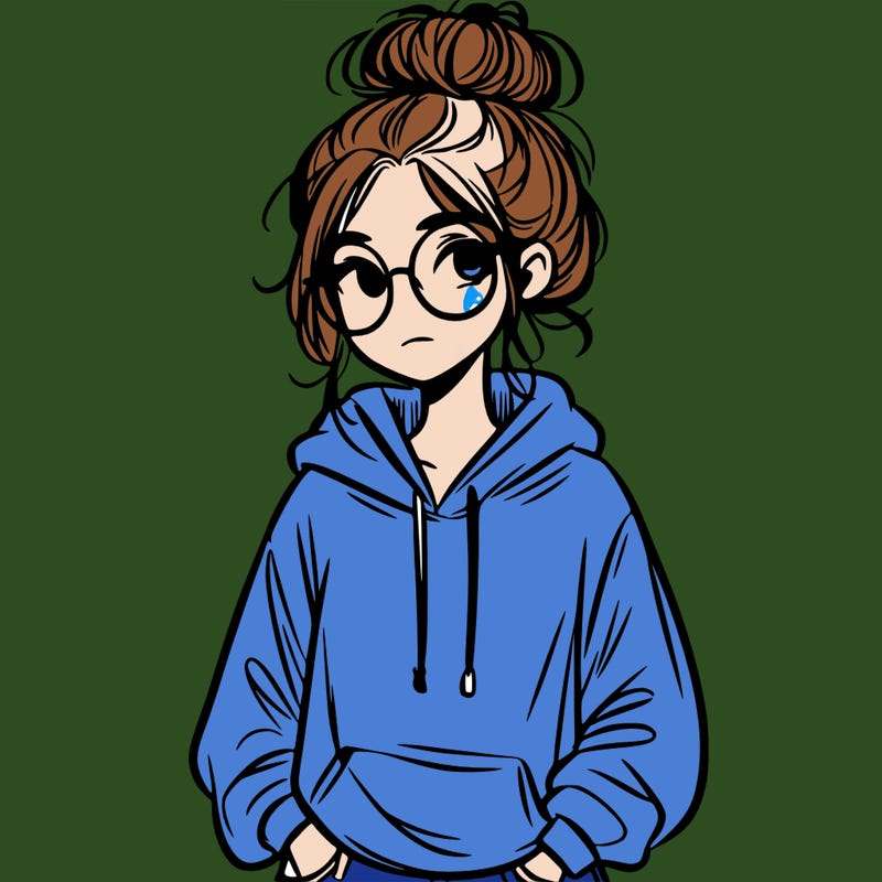 teen girl with a messy bun and glasses wearing a loose hoodie and jeans