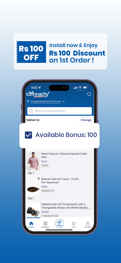 Annachy - Annachy shopping app interface showing a first order discount offer and various lifestyle products