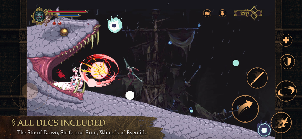 El Plegario atacando a un jefe serpiente gigante en la versión móvil de Blasphemous con controles táctiles en pantalla