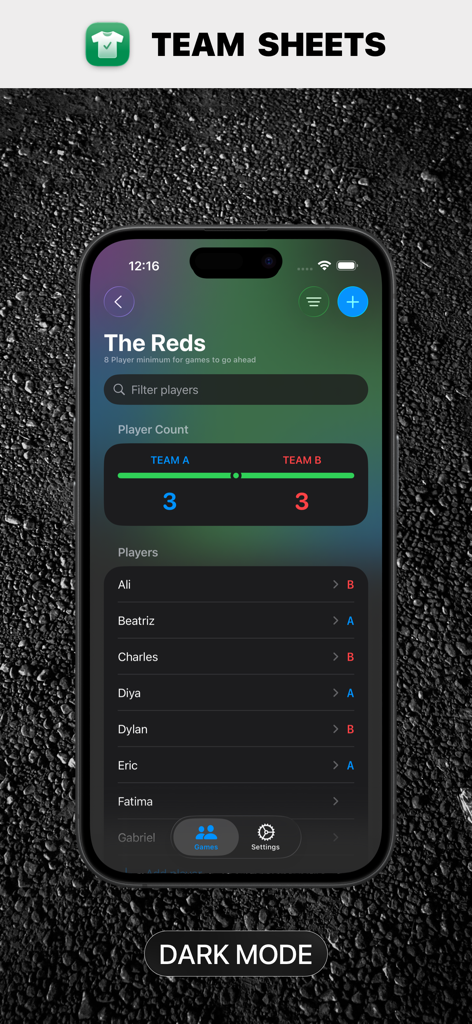 Team Sheets - Team Sheets app interface in dark mode displaying balanced team rosters and a list of assigned players.