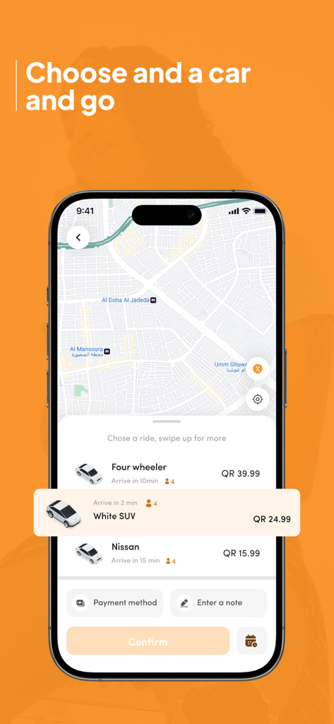 Ryde: Request affordable rides - Interfaz de la aplicación de transporte Ryde mostrando tipos de vehículos y precios en Doha.