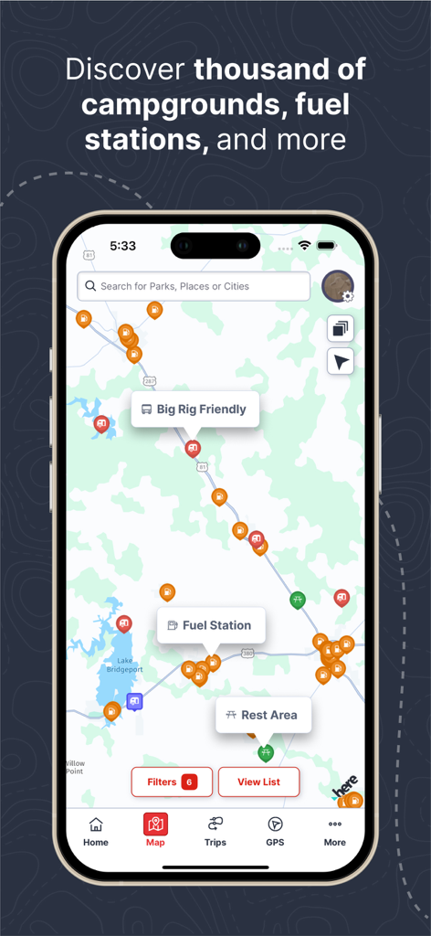 RV LIFE app map interface displaying nearby campgrounds fuel stations and rest areas for RV travel planning