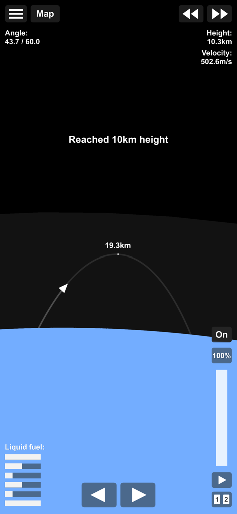 Spaceflight Simulator gameplay showing a rocket trajectory arc and flight telemetry data