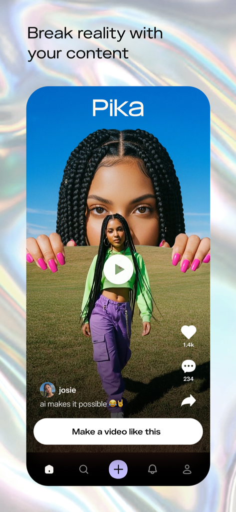 Pika: AI Video & Trend Maker - Pika mobile app interface showing a surreal AI-generated video of a woman with braided hair and a button to create similar viral content.
