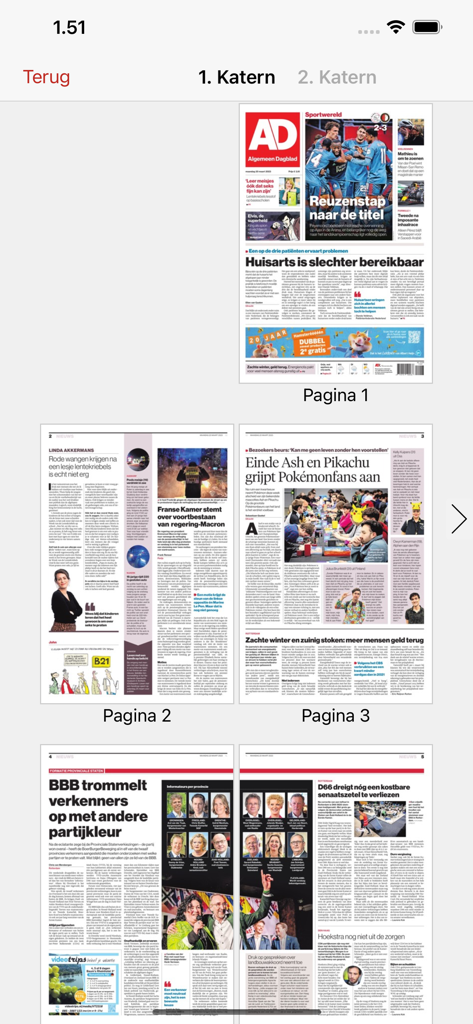 Vue d'ensemble en grille des pages du journal néerlandais dans l'application mobile AD Digitale krant.