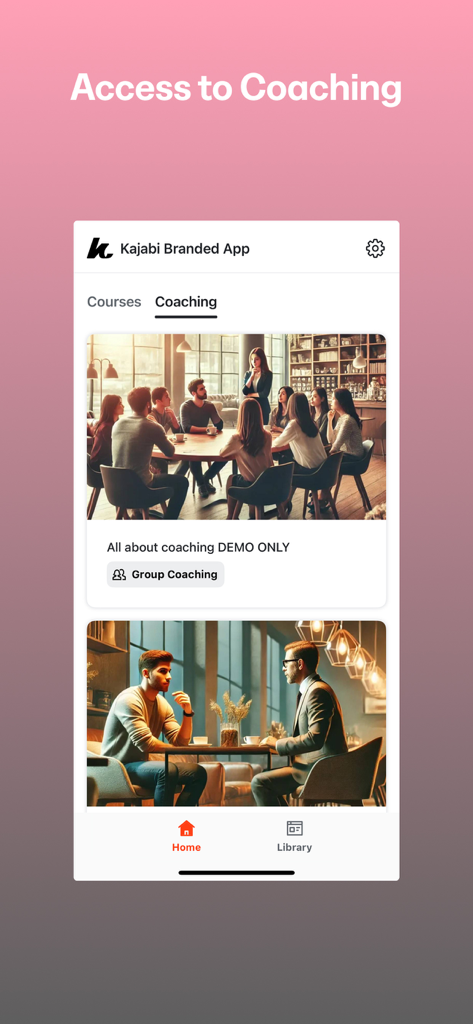 Kajabi Branded App mobile interface showing the coaching section with group and individual session options