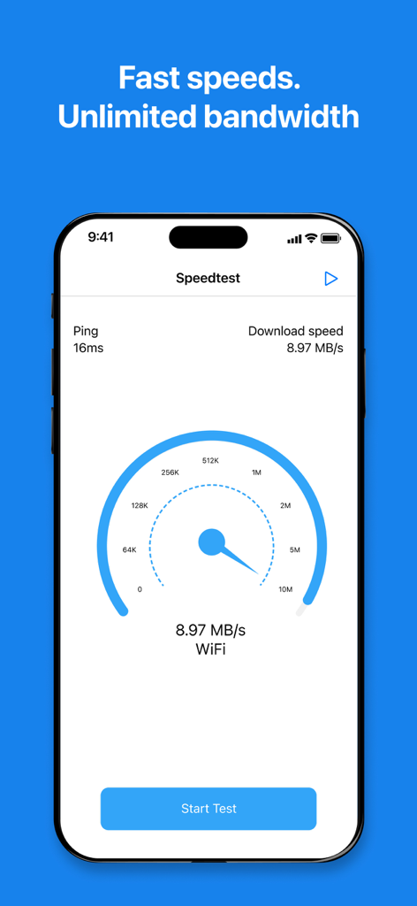 VPN speed test screen showing download speed and ping results on a mobile device