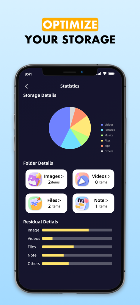 Rally File Explorer & Manager - Rally File Explorer storage statistics screen with pie chart and category details