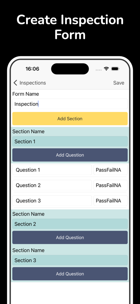 Inspection & Checklist - QAQC - Interface for creating a custom inspection form with sections and questions in the QAQC Auditor app.