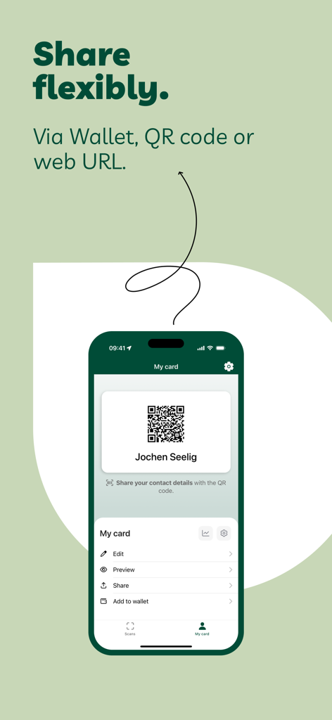 BusinessCards by snapAddy - A smartphone screen displaying a digital business card with a QR code and options to share via Apple Wallet or web URL