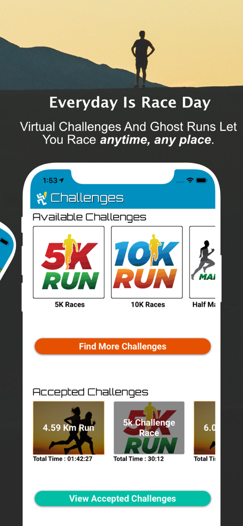 Pace To Race 앱의 챌린지 화면에 사용 가능한 가상 달리기 경주 및 고스트 달리기가 표시됩니다.