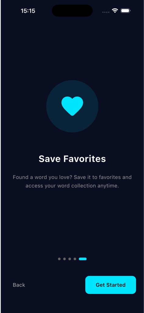 Word Explainer - Word Explainer app onboarding screen describing how to save favorite words with a heart icon.