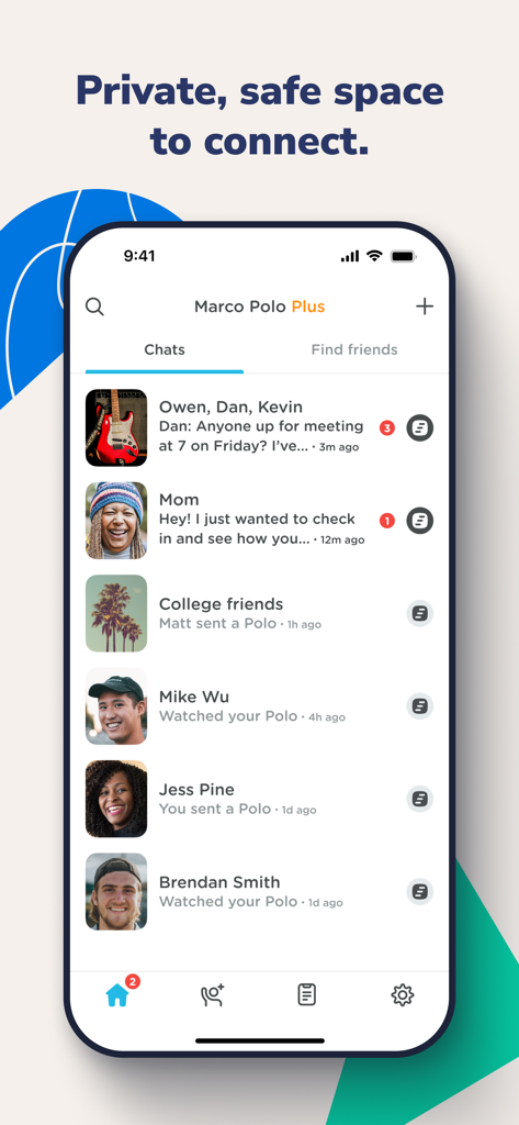 Marco Polo app interface showing a list of private video chat conversations with family and friends