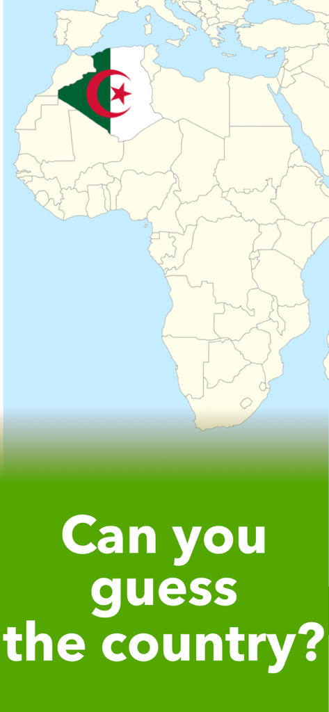Africa: Flags & Geography Maps - Educational screen showing a map of Africa with the flag of Algeria and the question Can you guess the country