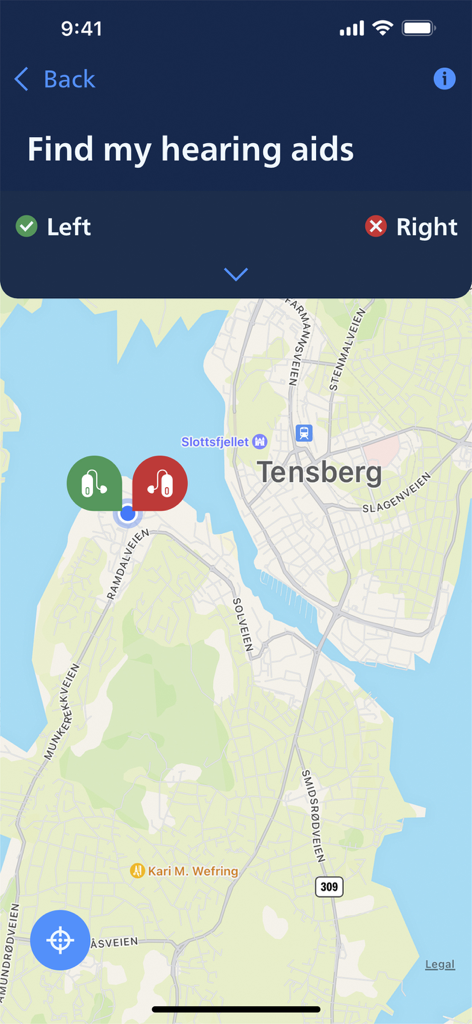Aplicación Philips HearLink 2 que muestra la función de mapa de Encontrar mis audífonos