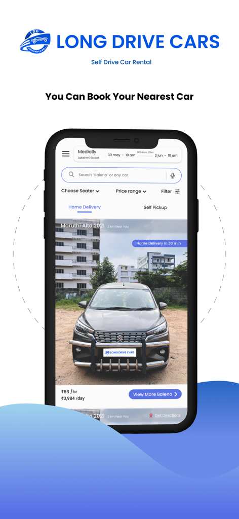 Long Drive Cars - Car Rental - Bildschirm der mobilen App für Langstreckenautos, der Details zur Autovermietung und Preise anzeigt