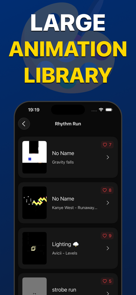 A smartphone displaying the animation library and rhythm run modes in the Ball Chaos app.