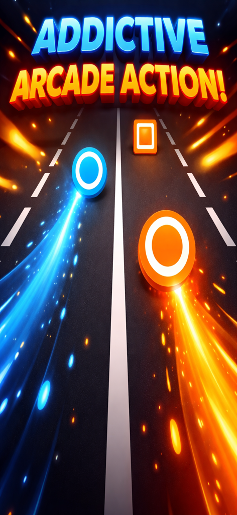 Círculos brillantes azules y naranjas corriendo por una carretera con un obstáculo cuadrado y el texto 'Addictive Arcade Action'