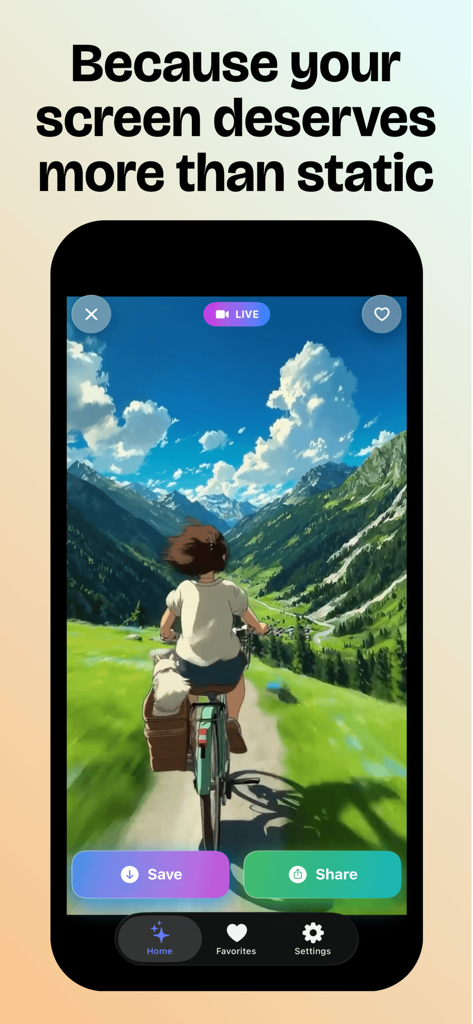 Anime Live wallpaper 4k - Anime live wallpaper app interface showing a character cycling in a mountain landscape