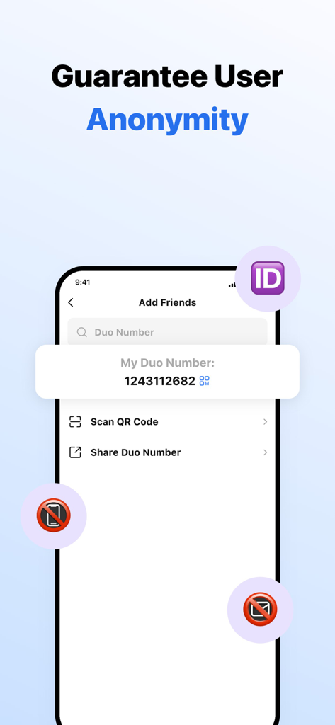 Duo Messenger app screenshot showing the user anonymity guarantee and personal Duo Number feature