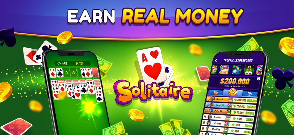Solitaire Real Cash game interface showing card gameplay and a trophy leaderboard with cash prizes