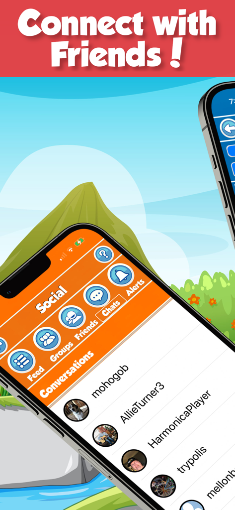 Dice World: Farkle & Yatzy - A mobile screen showing the social menu and friend conversations list in the Dice World app.