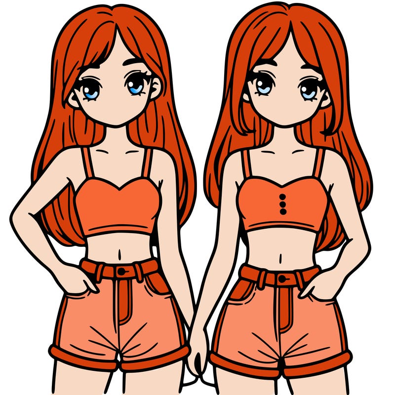 two sisters with crop tops and jean shorts and straight hair