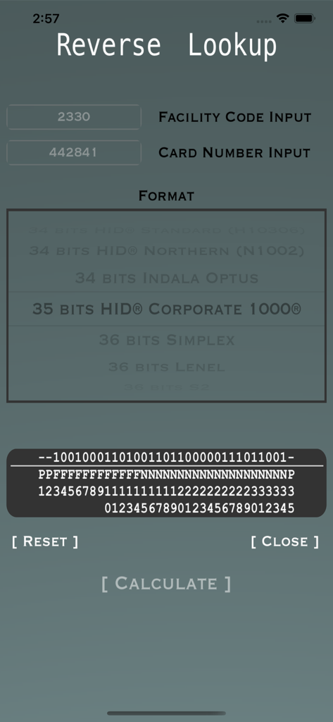 Proximity - Access Card Calc - The reverse lookup screen of the Proximity app for security access card calculations