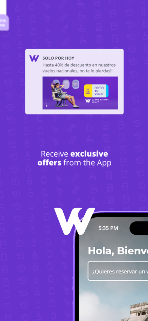 Wingo mobile app screen displaying exclusive travel offers and flight discounts