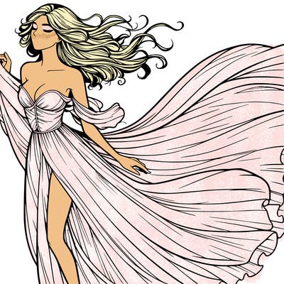 realistic woman in dress flowing the the wind