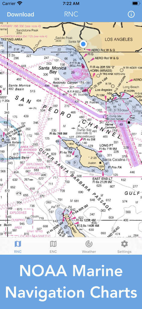 Detallada carta náutica de navegación marina de la NOAA que muestra el Canal de San Pedro y la Isla Santa Catalina en la aplicación